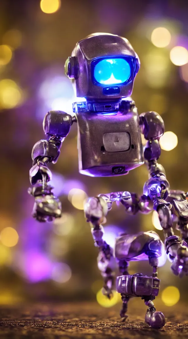 Prompt: portrait of a tiny robot with purple lights, professional photo, hdr, bokeh, sci fi, tiny castle, fantasy