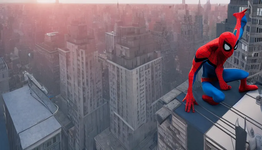 Image similar to spider - man on top of a building in new york watching the sunset, unreal engine 5, render, cg society