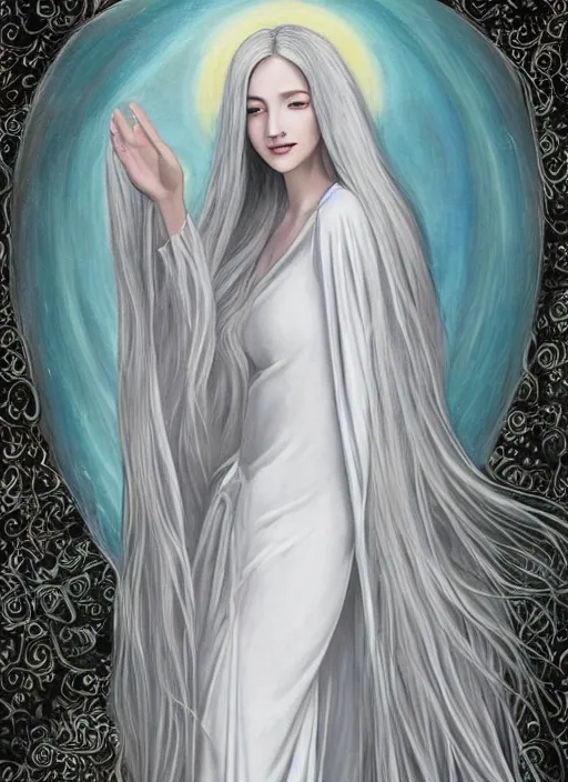 Prompt: tall thin beautiful goddess, pale wan feminine angel, long flowing silver hair covering her whole body, beautiful painting, young wan angel, flowing silver hair, flowing white robes