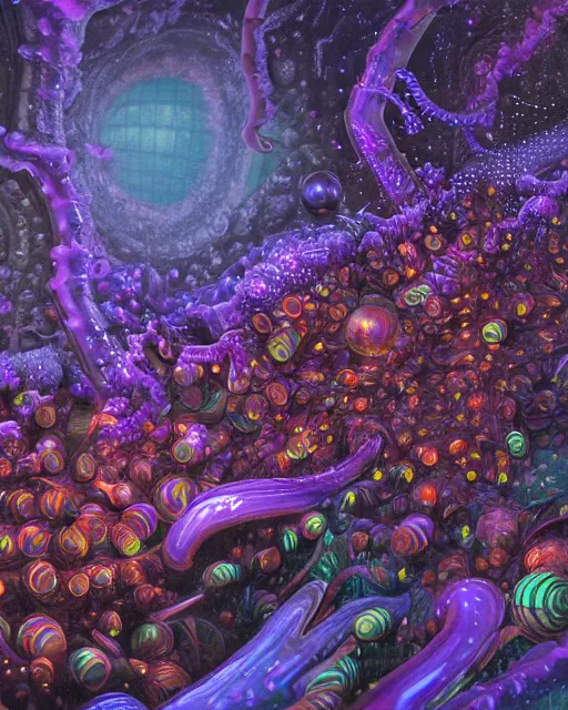 Image similar to super surreal detailed hyperrealist painting of futuristic diorama of purple firefly insects made out of mandelbulb silver metallic spheres floating leak highlighter glowing red neon slime in the white snow artic tundra unreal engine gouache detailed painting