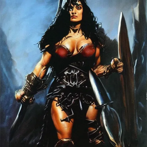 Image similar to a frank frazetta oil painting of selina gomez as a beautiful muscular salma hayek wearing black armor holding a large battle axe, dynamic shot, hd 4 k, intricate, highly detailed, atmospheric, sharp