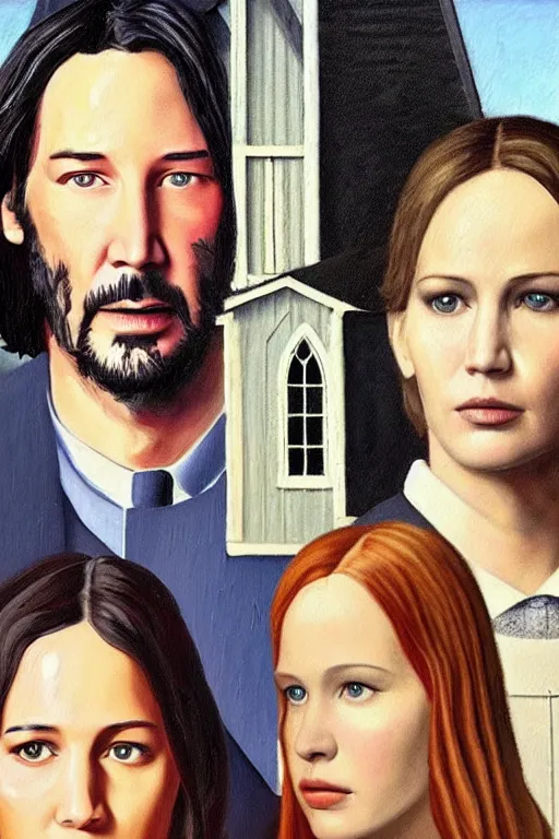 Prompt: painting of Keanu Reeves and Jennifer Lawrence as the couple in American Gothic in the style of Grant Wood