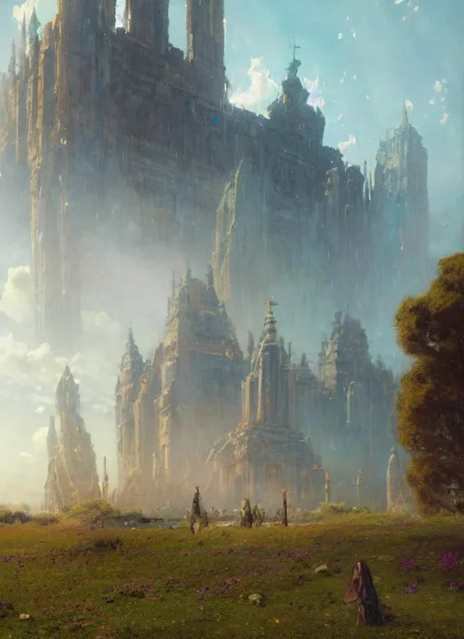 Image similar to giant castle temple megastructure in meadow by gaston bussiere, anna nikonova aka newmilky, greg rutkowski, yoji shinkawa, yoshitaka amano, moebius, donato giancola, geoffroy thoorens, trending on artstation, pixiv, cinematic composition, 8 k