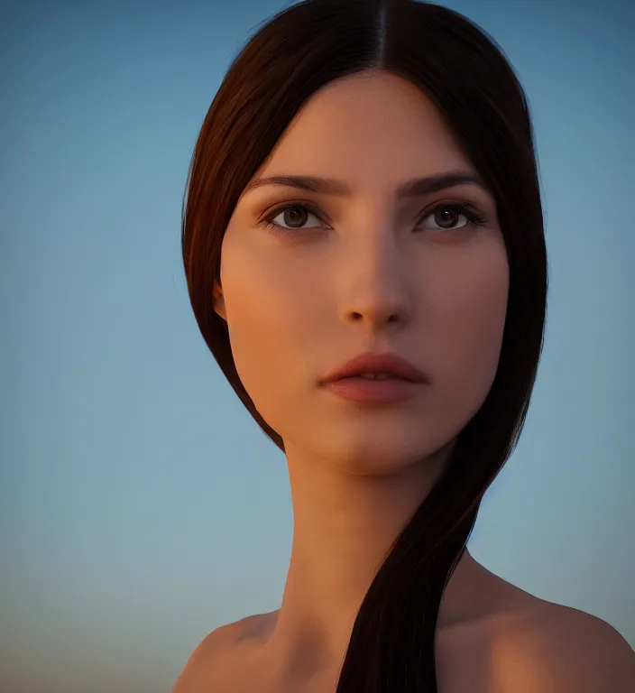 Prompt: centered waist up portrait of an angel, bokeh + DOF + 8k, photorealistic + rendered in unreal engine + ultra realistic + backlit + strong rimlight, sunset + HDRI, HD, Photoreal , trending on artstation