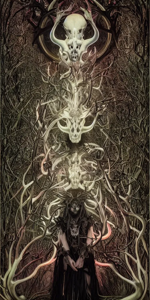 Prompt: intense glowing black metal pagan god with antlers and intense glowing eyes with a goat skull in very dark forest by johnson tsang and marco mazzoni and alphonse mucha, portrait, fantasy, clear, light beams, lens flare, intense, uhd, amazing depth, cinematic lighting, subtle shades of pastel