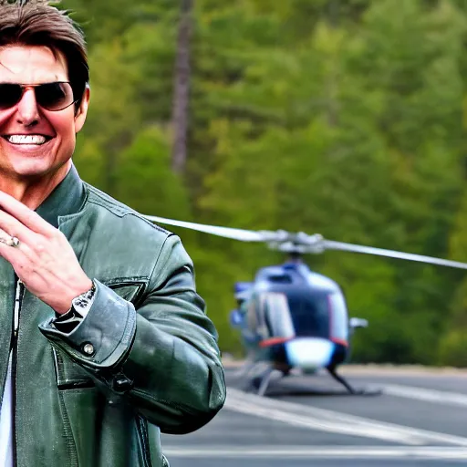 Image similar to Tom Cruise waving to fans. He's wearing bluejeans and a green jacket, Ralph Lauren. A helicopter is in the background. Shallow depth of field