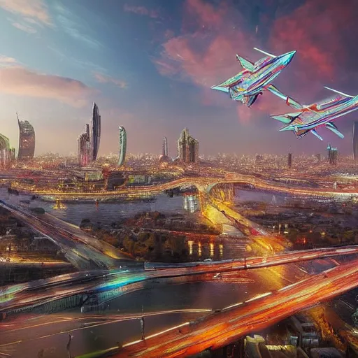 Prompt: multicolor photo of moscow with flying spaceships, artstation concept art, created at future in 4 k ultra high resolution and with ultra wide angle, with inspiring feeling