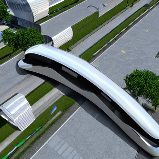 Image similar to futuristic designs for a segmented monorail on the sidewalk. design. utopia. future. eco friendly, realistic render, perfect city, 4 k