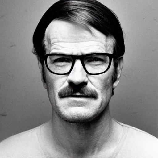 Prompt: 1970s of Mugshot Portrait of Bryan Cranston with glasses and no beard, with very short hair and a receding hairline, dressed in 1970s menswear, taken in the 1970s, photo taken on a 1970s polaroid camera, grainy, real life, hyperrealistic, ultra realistic, realistic, highly detailed, epic, HD quality, 8k resolution, body and headshot, film still, front facing, front view, headshot and bodyshot, detailed face, very detailed face