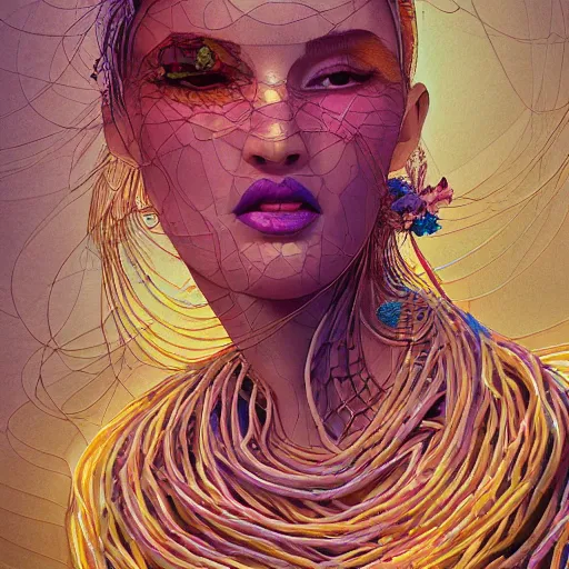 Image similar to the portrait of a ridiculously beautiful and elegant woman partially made of onion rings of all colors, an ultrafine detailed illustration by james jean, final fantasy, intricate linework, bright colors, behance contest winner, vanitas, angular, altermodern, unreal engine 5 highly rendered, global illumination, radiant light, detailed and intricate environment