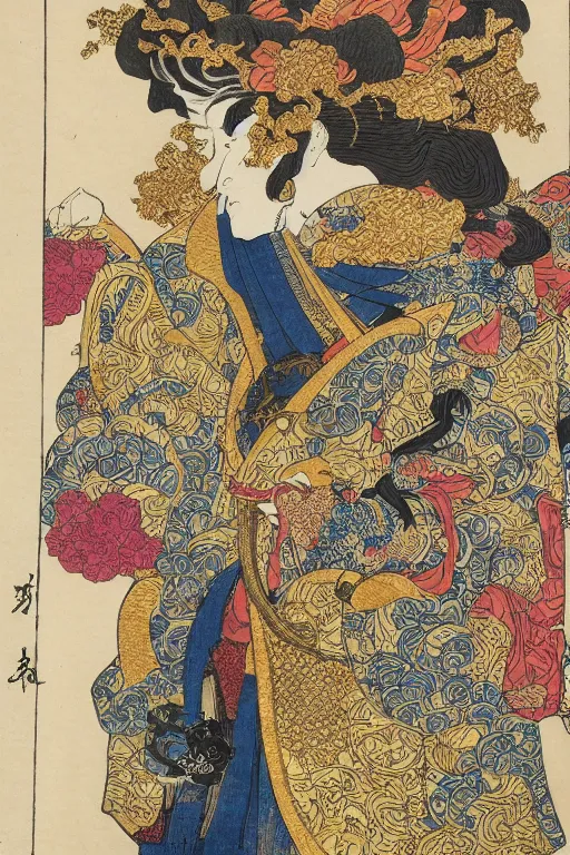 Prompt: hyperdetailed matte illustration of a knight wearing an ornate gold headpiece and holding a flower with a map of the collective subconscious in the background by hokusai