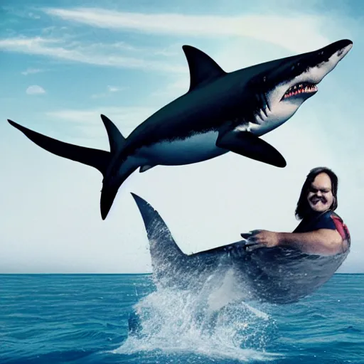 Image similar to jack black riding a shark, ocean, rainbow