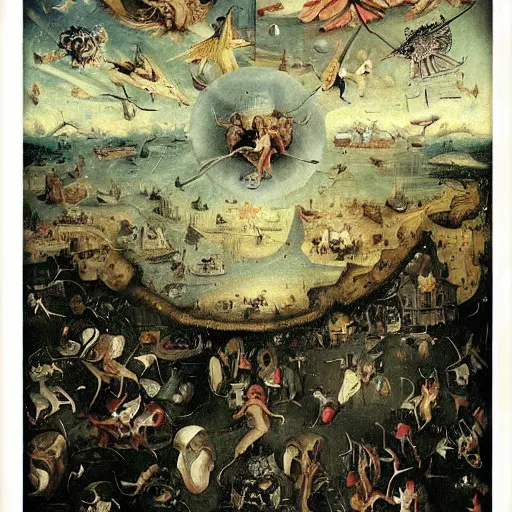 Prompt: war in heaven by heirnonymus Bosch