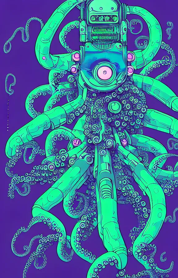 Prompt: robotic cyberpunk octopus by miyazaki, blue green purple color palette, symmetrical poster illustration, kenneth blom, mental alchemy, james jean, pablo amaringo, naudline pierre, contemporary art, hyper detailed