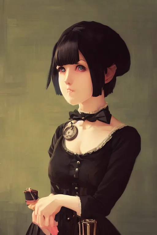 Prompt: a portrait of a cute woman in her twenties in a Victorian maid outfit with black bob cut hair, steampunk setting, vivid colors, soft lighting, atmospheric, cinematic, moody, in the style of Ilya Kuvshinov and Range Murata, Krenz Cushart, oil on canvas, 8k