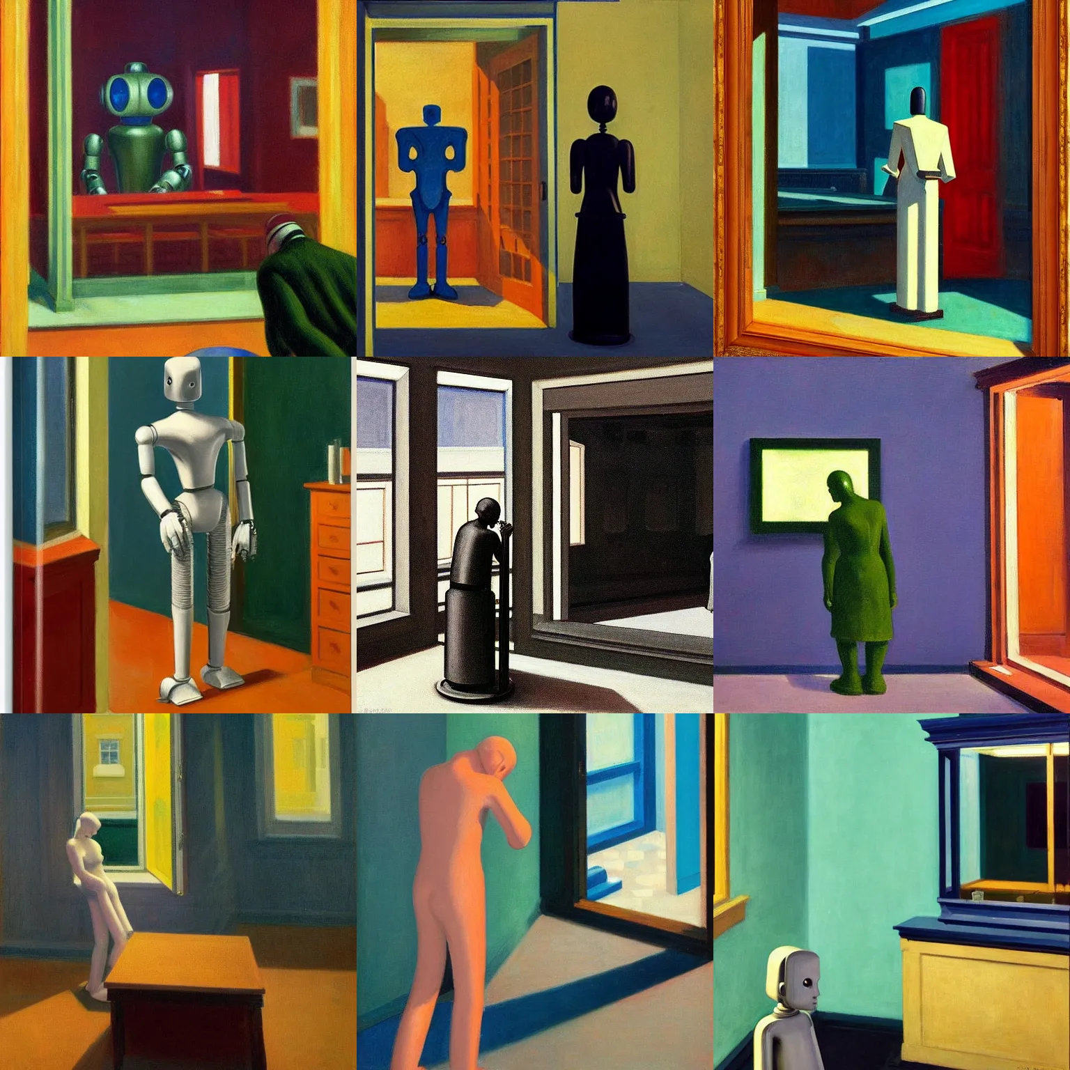 Prompt: robot looking at a mirorr to see if he have a soul by edward hopper W 1024