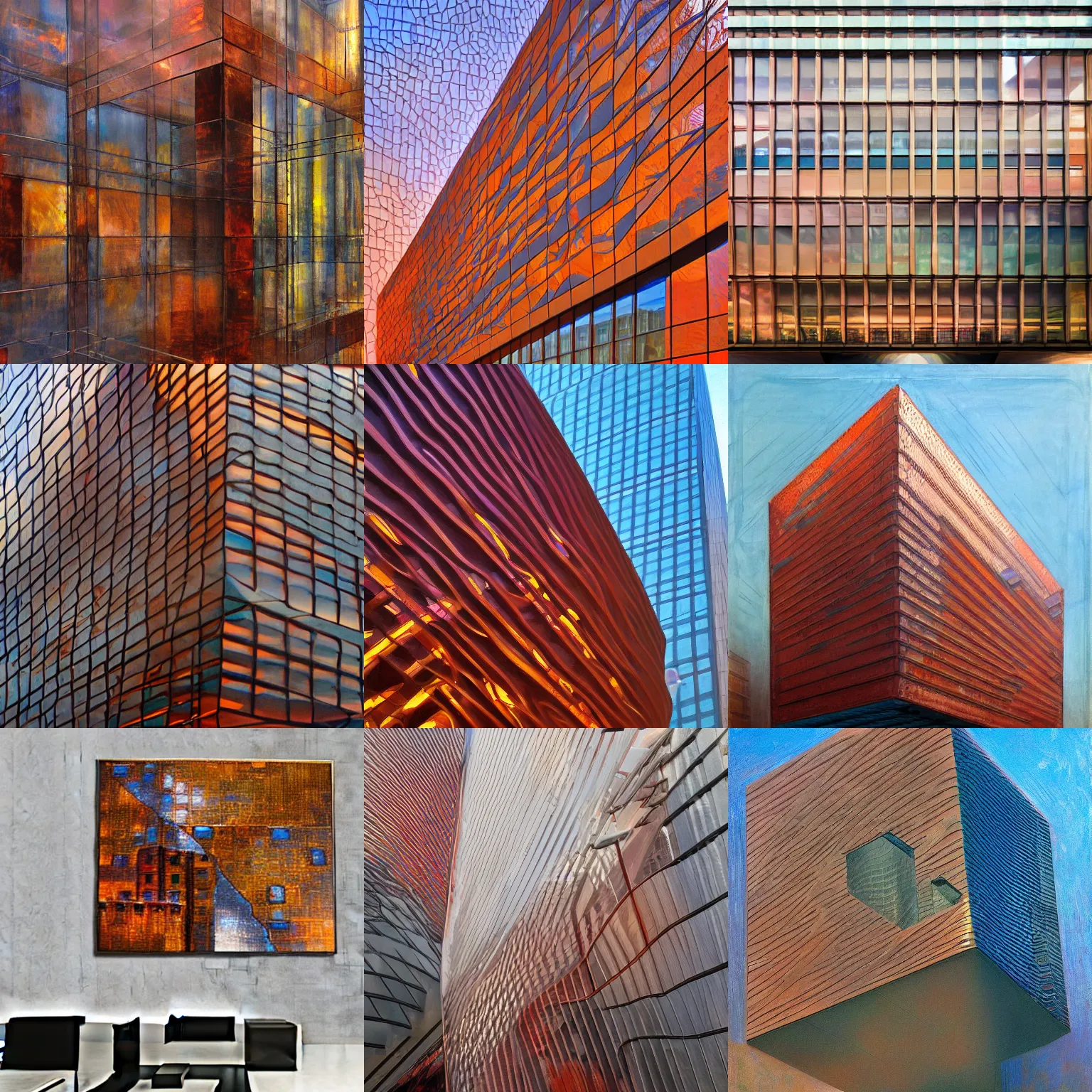 Prompt: futuristic moma museum concrete steel glass, copper details, intricated details, hyper realism, impressionism, high contrast, warm colors