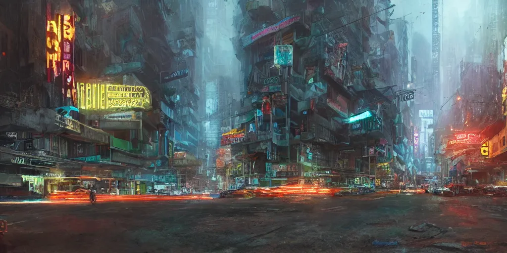 Prompt: a guatemalan solitary cyberpunk city, abandoned with neon ads and signs with evocative dramatic mood with blade runner vibe with cars and floating vehicles with motion blur with depth of field with bloom with lightshaft with volumetric lights and ads, fog, by jeremy mann oscar winning graphics, photo realistic, bloom, imax, dynamic lighting, artstation,