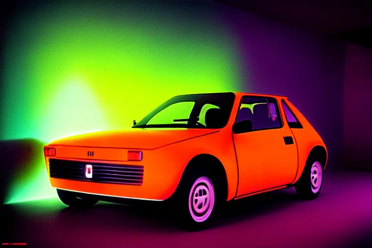 Image similar to designed by giorgetto giugiaro stylized poster of a single yugo, thick neon lights, ektachrome photograph, volumetric lighting, f 8 aperture, cinematic eastman 5 3 8 4 film