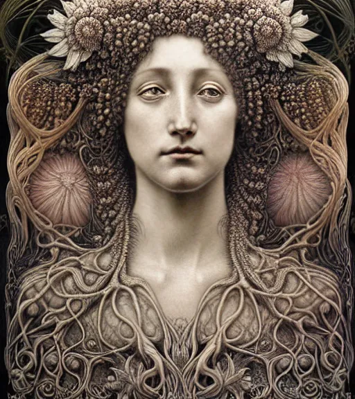 Prompt: detailed realistic beautiful flower goddess face portrait by jean delville, gustave dore, iris van herpen and marco mazzoni, art forms of nature by ernst haeckel, art nouveau, symbolist, visionary, gothic, neo - gothic, pre - raphaelite, fractal lace, intricate alien botanicals, ai biodiversity, surreality, hyperdetailed ultrasharp octane render