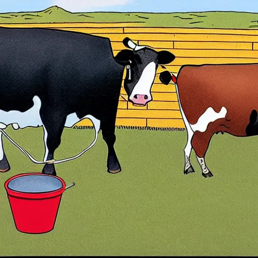 Image similar to a cow points at a bucket, far side, illustrated by gary larson