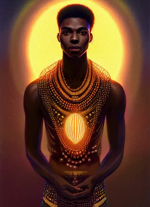 Prompt: portrait of young black man with glowing jewels, afro - futurist style, intricate, elegant, glowing lights, highly detailed, digital painting, artstation, concept art, smooth, sharp focus, illustration, art by wlop, mars ravelo and greg rutkowski