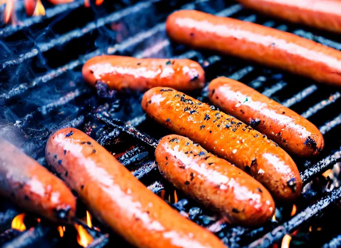 Image similar to food photo of hot dogs cooking on a grill, flames coming out of grill, 8 k, 8 5 mm f 1. 8