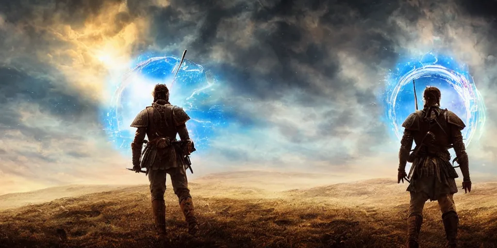 Image similar to beautiful cinematic artwork from behind a warrior standing on the battlefield looking up at the sky, the sky has a portal the the cosmos, by greg rutowski, masterpiece, 4k