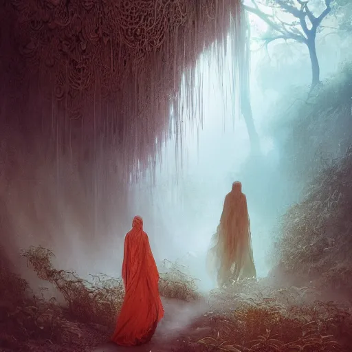 Image similar to beautiful banshee walks around Socotra among plants, flowers, trees and snags in a long transparent flowing dress and meets mystical animals, mystical insects, mystical birds, lizards, snakes, gorgeous, intricate, hypnotic dimensions, ruan jia, steve mccurry, Zdzislaw Beksinski style, sharp focus, intricate concept art, digital painting, ambient lighting, 4k, hdt, artstation trending on Gsociety, trending on ArtstationHQ, hyper quality, 16K