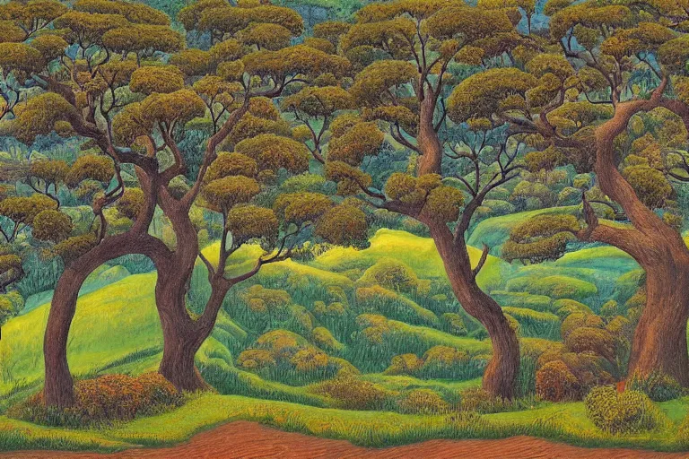 Image similar to masterpiece digital painting of oak trees on a hillside overlooking a creek, by leng mei lennie lee leo goetz leo leuppi leo lionni leo michelson leo valledor leo and diane dillon leon chwistek leon golub leon kaplinski leon kossoff leon kroll leon polk smith leon wyczołkowski leona wood