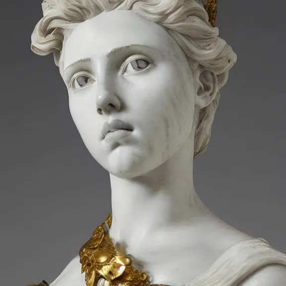 Image similar to a white art nouveau marble sculptural bust of a worried young scarlett johansson as joan of arc with long, flowing hair, wearing intricate gold plate armor on her chest, delicate, intricate, smooth, beautiful, by charles van der stappen