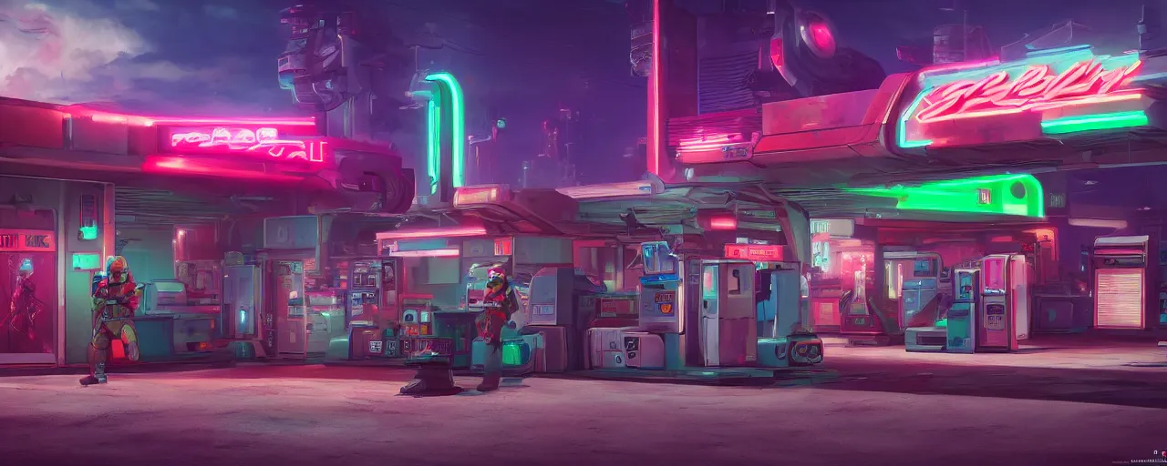 Prompt: boba fett visits a gas station in the night time, vaporwave aesthetic, neon signs, superliminal 8 k uhd, unreal engine, octane render in the artstyle of finnian macmanus, john park and greg rutkowski