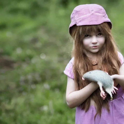 Prompt: little girl, cosplaying as ratcatcher 2, she holds a cute rat, photo taken on a Nikon, 4k