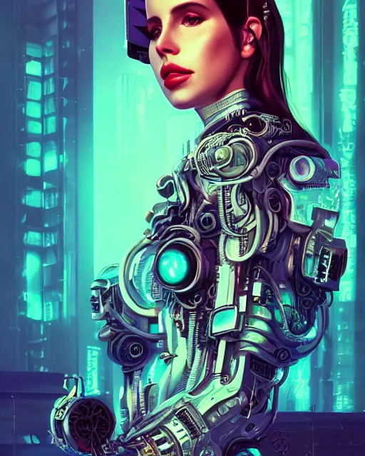 Image similar to portrait of lana del rey as a cyberpunk cyborg. roses, sci - fi, intricate abstract, upper body, intricate artwork, by tooth wu, wlop, beeple, dan mumford. concept art, 8 k octane render, deviantart, greg rutkowski, cinematic, key art, hyperrealism, iridescent accents