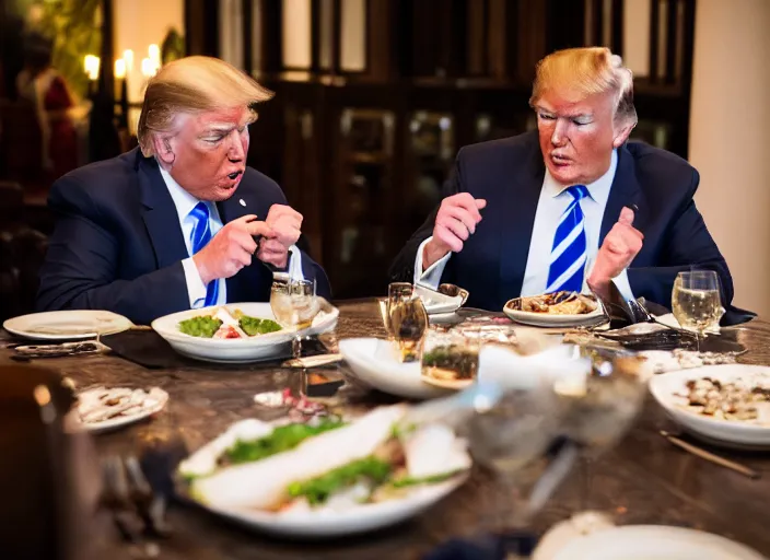 Image similar to Trump and Biden having dinner at a fancy Balinese restaurant, award winning cinematic photography, sigma 85mm Lens F/1.4, blurred background, perfect faces