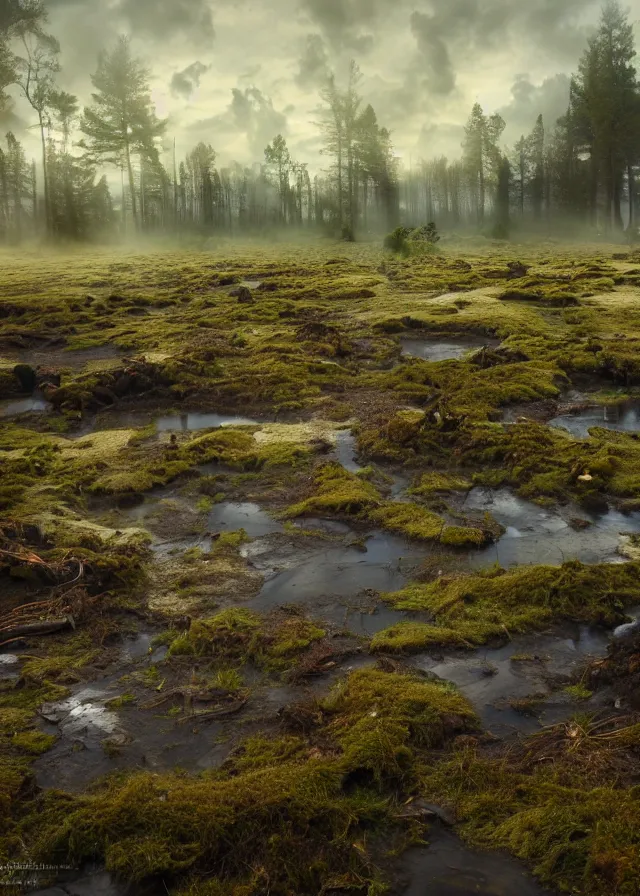 Prompt: a sulfurous bog, extremely detailed oil painting, unreal 5 render, digital art, landscape painting, octane render, beautiful composition, trending on artstation, award winning photograph, masterpiece