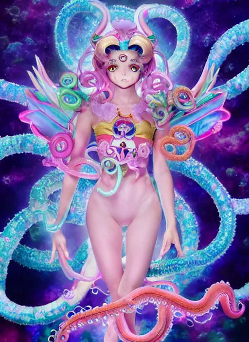 Image similar to A full shot of a sailor moon inspired Kawaii sea creature from the Abyss covered and opals and tentacles. Fully Clothed. F1.4. Symmetrical. Dark Smoke and VFX. Caustics refraction. Prism light. Demon Horns, Angel Wings, By Lisa Frank and Giger and Ruan Jia and Artgerm and Range Murata and WLOP. Key Art. Fantasy Illustration. award winning, Artstation, intricate details, realistic, Hyperdetailed, 8k resolution.