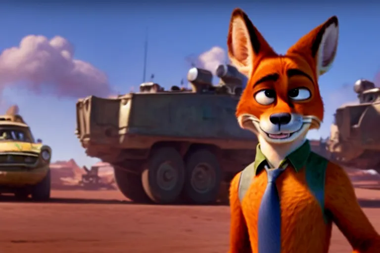 Image similar to nick wilde ( from zootopia ), heavily armed and armored facing down armageddon in a dark and gritty reboot from the makers of mad max : fury road