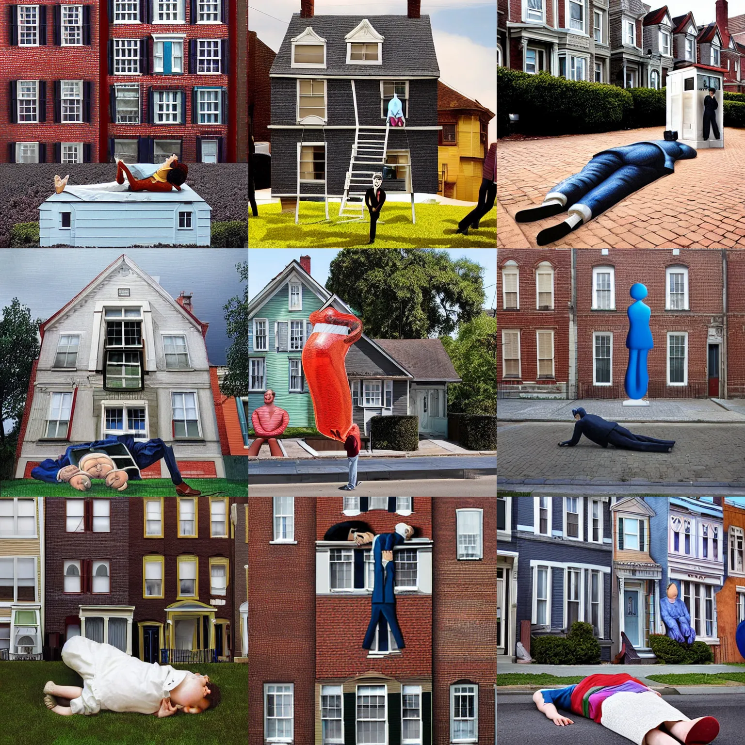 Prompt: a giant laying on the ground in front of a row of houses, a surrealist sculpture by leandro erlich, featured on cg society, pop surrealism, whimsical, surrealist, fantasy