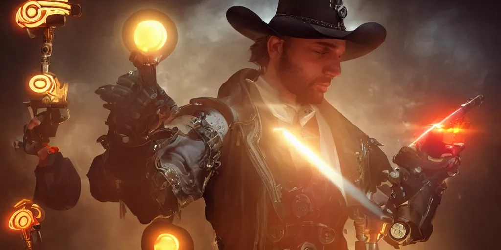 Image similar to a futuristic cowboy holding a glowing revolver to his enemies in a steampunk themed bar, trending on artstation, digital art, award winning, cinematic lightning, god rays