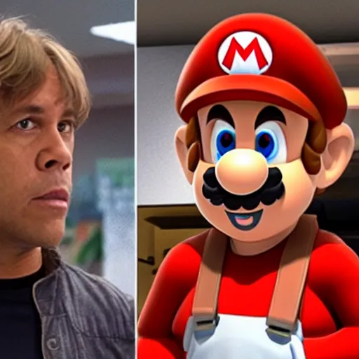 Prompt: Mario and Luke Skywalker in a store