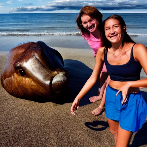Image similar to Professional photograph, long shot, Smiling girl taking a selfie with a giant creature washed up on the beach