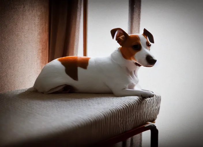 Image similar to photography of a Jack Russel . watching outside the window. on a bed. in a vintage room full of vinyls and posters.,volumetric light, photorealistic,, award winning photo, 100mm, sharp, high res