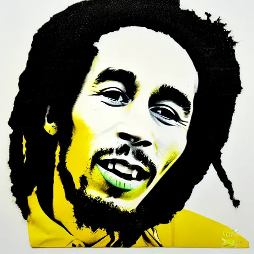 Prompt: Pop-art portrait of Bob Marley in style of Andy Warhol, photorealism