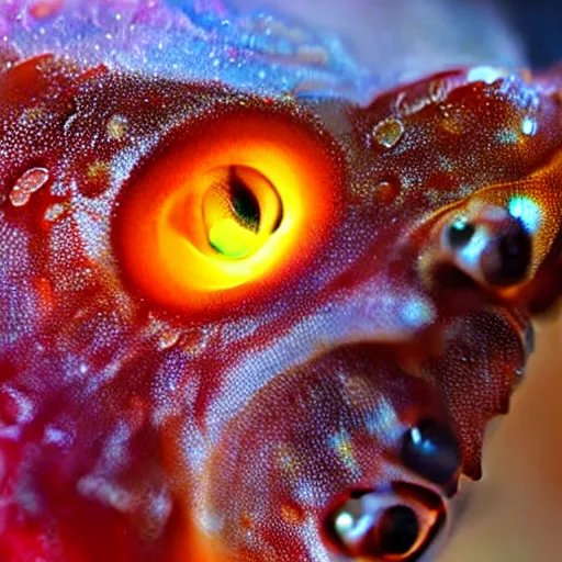 Image similar to fiery whimsical emotional eyes cephalopod, in a photorealistic macro photograph with shallow dof