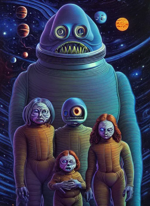Prompt: detailed image of a creepy family in the deep space, by Ernest Renard and Skottie Jeune, by Michael Whelan, rich deep colors. Masterpiece! intricate artwork, very coherent symmetrical artwork, cinematic, hyper realism, high detail, octane render, unreal engine, 8k, Vibrant colors, Smooth gradients, High contrast, depth of field. by Katsuhiro Otomo, full body character drawing, inspired by Evangeleon, clean ink detailed line drawing, intricate detail, extremely detailed.