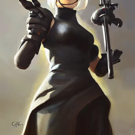 Image similar to greg manchess portrait painting of 2 b nier automata as overwatch character, medium shot, asymmetrical, profile picture, organic painting, sunny day, matte painting, bold shapes, hard edges, street art, trending on artstation, by huang guangjian and gil elvgren and sachin teng