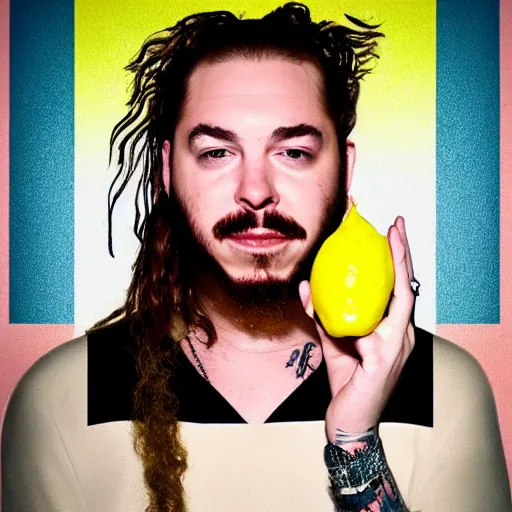 Prompt: post malone, with a lemon for a face, portrait photo