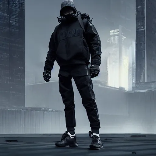 Image similar to A broad shouldered, muscular man in a Acronym Riot Division Nike techwear outfit, Acronym P31-ds pants, trending on r/techwearclothing, high quality, digital art, cyberpunk city, Summer, greg rutkowski