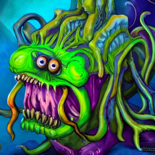 Prompt: Lovecraft monster, bright, colorful, happy, photorealistic,